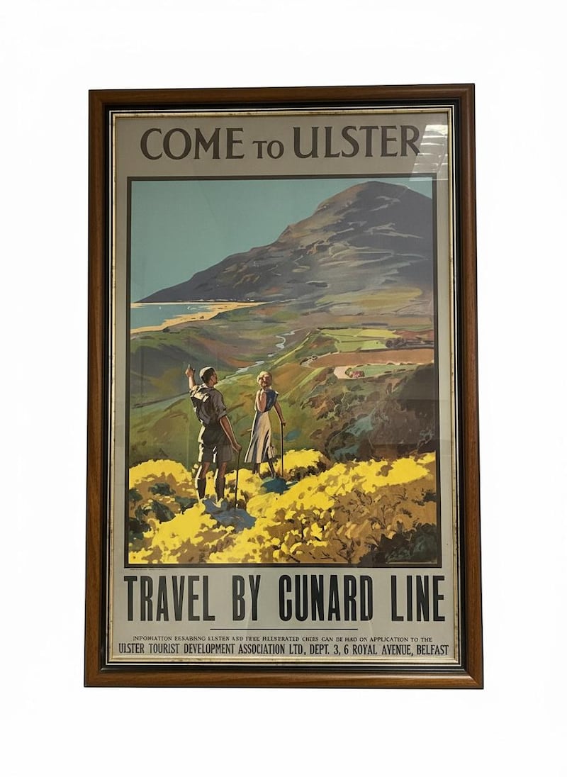 One of several colourfully illustrated travel posters, Come to Ulster (€700-€1,000), at Mullen's sale of tourism memorabilia collected by the Lord O'Neill of Shane's Castle, Co Antrim