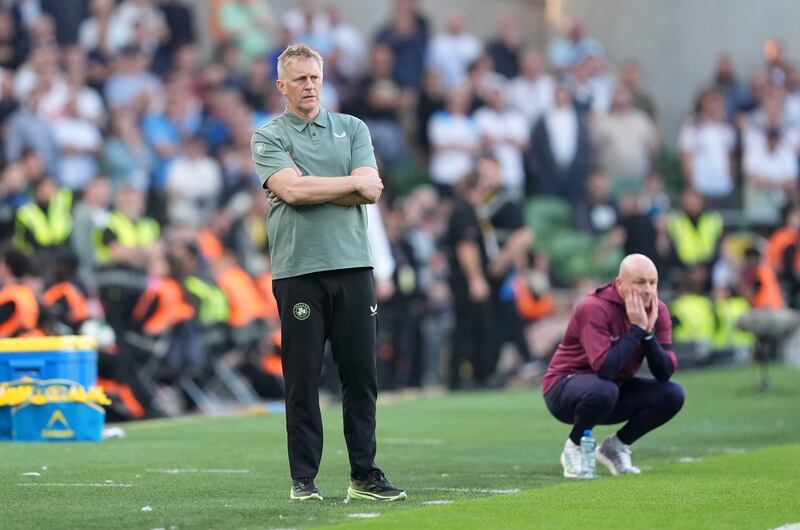 Republic of Ireland manager Heimir Hallgrímsson and his England counterpart Lee Carsley on the sidelines at the Aviva Stadium. Photograph: Niall Carson/PA Wire