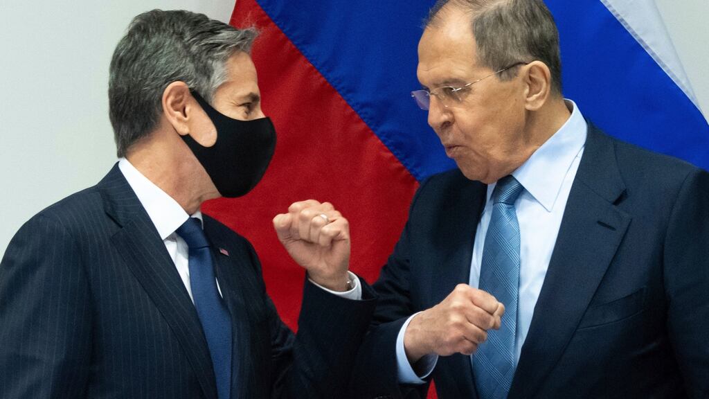 US secretary of state Antony Blinken greets Russian foreign minister Sergey Lavrov at the Harpa Concert Hall in Reykjavik, Iceland on Wednesday. Photograph: Saul Loeb/Pool Photo via AP