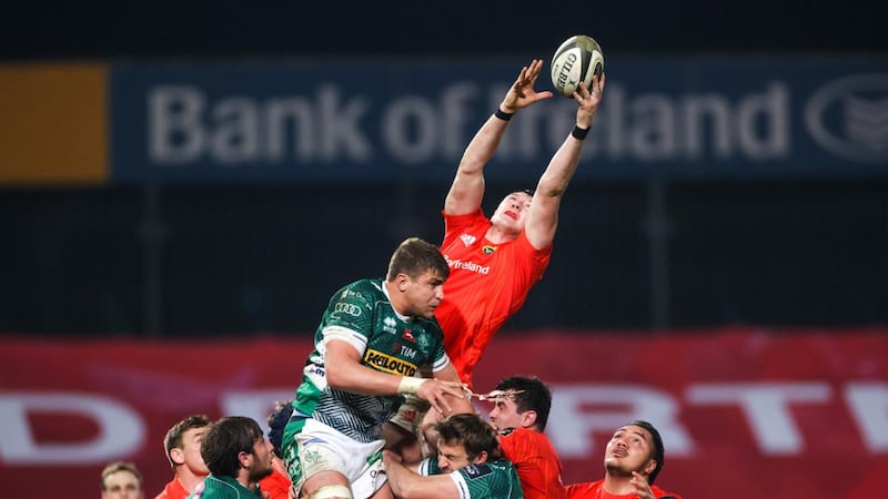 Thomas Ahern in action for Munster during the Guinness Pro 14 game againstBenetton at Thomond Park. Photograph: James Crombie/Inpho