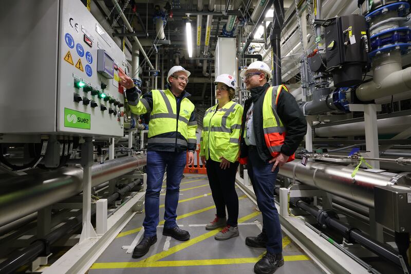 John Flood, facility engineer, Sinead Garrigan, facility engineer, and Michael Cullen, environmental health and safety officer, with the nanofiltration system at the Intel campus in Leixlip, Co Kildare. Photograph: Dara Mac Dónaill