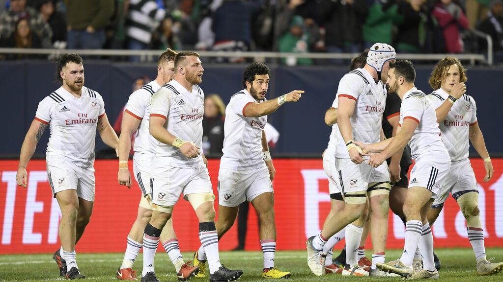USA’s Ryan Matyas celebrates with teammates after scoring a try against the Maori All Blacks in Chicago on November 3rd. Photograph: Robin Alam/Icon Sportswire via Getty Images