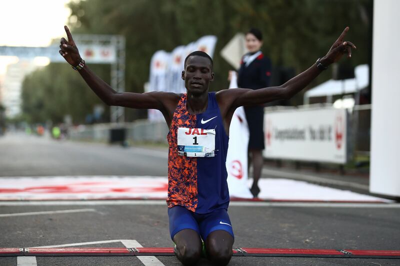 Titus Ekiru of Keyna wins with an unofficial course record of 2:07:59 during the Honolulu Marathon 2019 in Hawaii. Photograph: Ezra Shaw/Getty Images