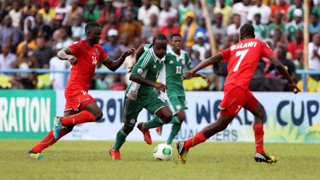 Nigeria’s Victor Moses (centre) is expected to make his debut for Liverpool at Swansea tonight. Photograph: Afolabi Sotunde/Reuters
