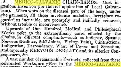An advertisement in this newspaper in 1859 for Pulvermacher’s Patent Medico-Galvanic Chain Bands.