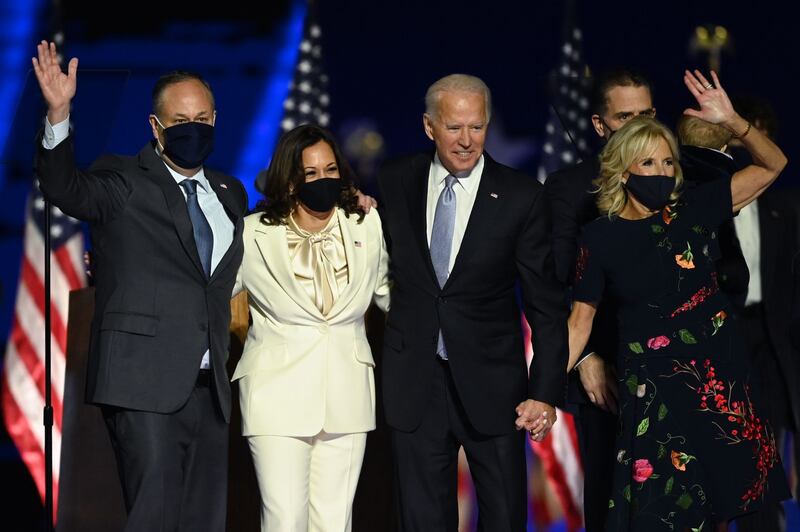 Joe Biden and Kamala Harris stand with spouses Jill Biden and Doug Emhoff in Delaware, on November 7th after being declared the winners of the presidential election. Photograph:Jim Watson/AFP/Getty Images