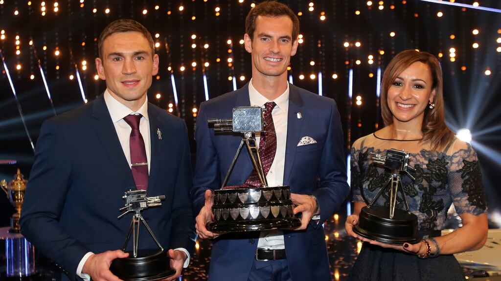 Winner of 2015 Sports Personality of the Year Andy Murray with Sports Personality of the Year runner-up Kevin Sinfield and third-placed Jessica Ennis-Hill.