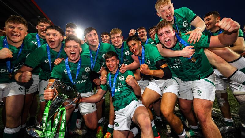 Ireland under-20 players celebrate their Grand Slam success after the win over Scotland at Musgrave Park. Photograph: Ben Brady/Inpho