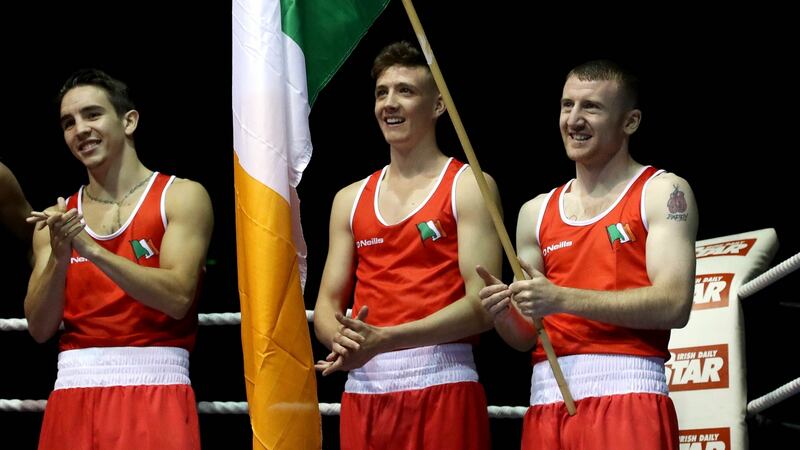 Paddy Barnes with the Ireland flag at the Elite International Ireland vs Russia on July 1st. Photograph: INPHO/Ryan Byrne