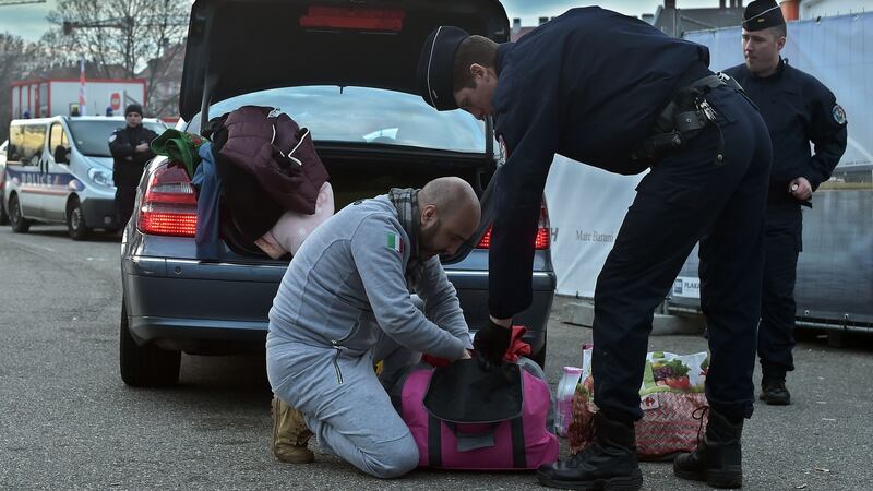 French police controls a car as they search for fireworks at the border between France and Germany in the eastern French city of Strasbourg. Photograph: Patrick Hertzog/AFP/Getty Images