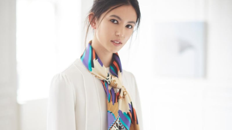 Cream pleat blouse €110 and   sunburst silk scarf €85, by Michael Mortell.