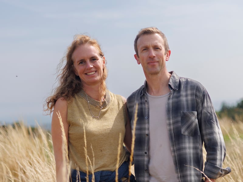 Anke and John Moran in their rewilded native woodland near Glen of the Downs, Co Wicklow. Photograph: Dan Dennison