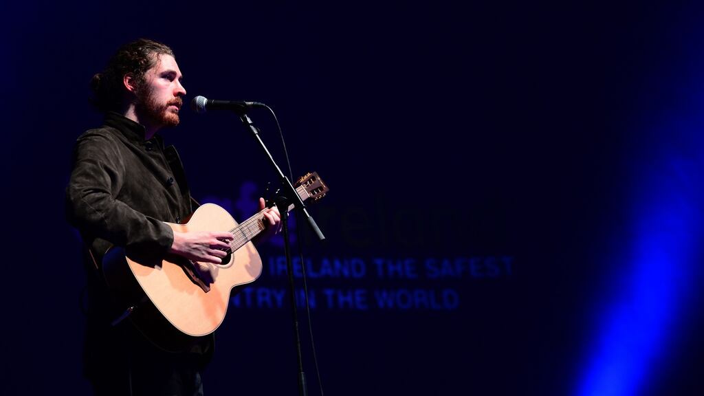 Hozier performing at the Safe Ireland Summit, where Global and National leaders on Domestic Violence gathered in Dublin. Photograph: Dara Mac Dónaill
