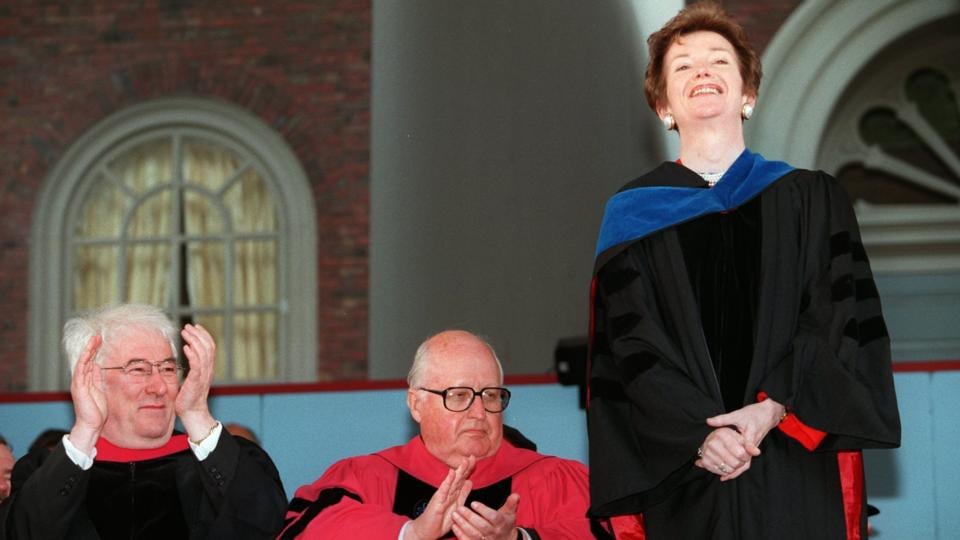 Former Irish President Mary Robinson stands as she is awarded an honorary degree at Harvard, alongside fellow honorary degree recipients Seamus Heaney and Henry Rosovsky: Photograph: Barry Chin/The Boston Globe via Getty Images