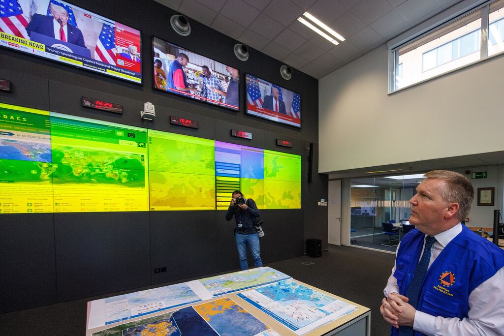 European commissioner Michael McGrath visiting the European Emergency Response Co-ordination Centre (ERCC) in Brussels on Thursday. Photograph: Olivier Matthys/EPA