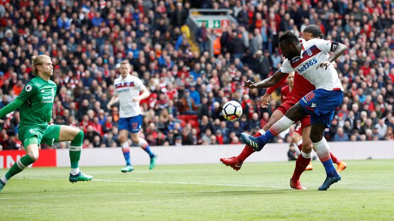 Stoke City’s Mame Biram Diouf misses a late chance in his side’s goalless draw with Liverpool. Photograph: Carl Recine/Reuters