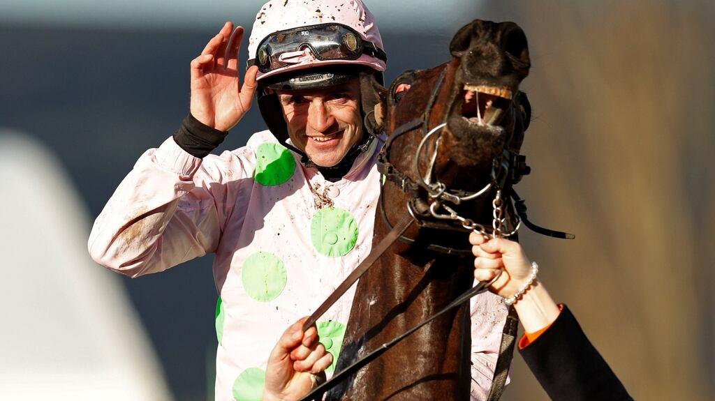 Ruby Walsh celebrates on Benie Des Dieux after winning the OLBG Mares’ Hurdle at Cheltenham on Day One. Photograph: Andrew Boyers/Reuters