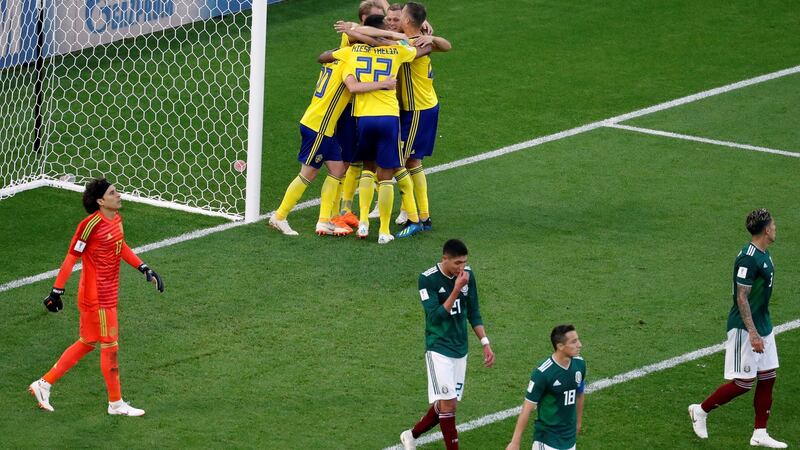 Sweden players celebrate after Mexico’s Edson Alvarez scored an own goal in their 2018 World Cup Group F encounter. Photo: Damir Sagolj/Reuters