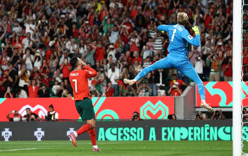 Ireland goalkeeper Caoimhín Kelleher celebrates scoring a penalty by Portugal's Cristiano Ronaldo during last Saturday's game in Lisbon. Photograph: Carlos Rodrigues/Getty Images