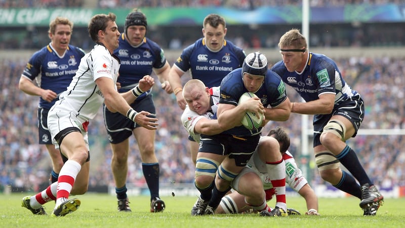 Leinster’s Seán O’Brien goes over for the opening try of the match despite Tom Court’s tackle during the 2012 final at Twickenham. Photograph: Colm O’Neill/Inpho