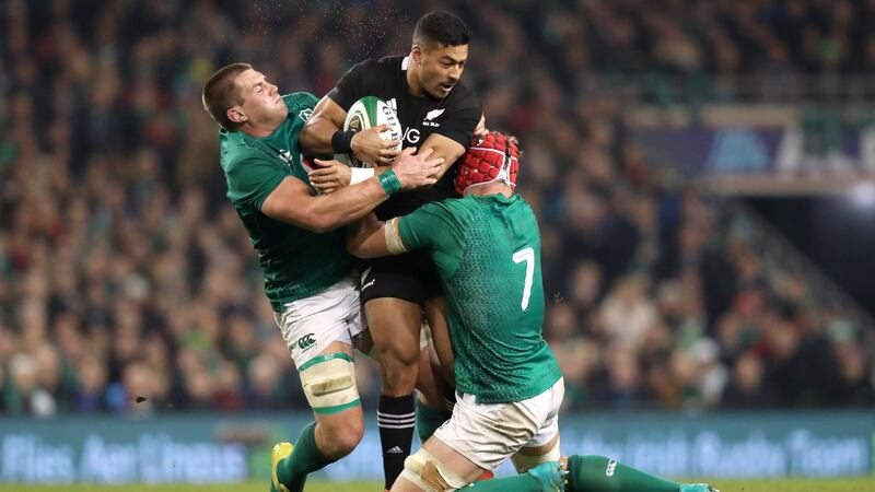 Ireland’s CJ Stander and Josh van der Flier tackle New Zealand’s Richie Mo’unga during the autumn international at the Aviva stadium in November 2018. Photograph: Billy Stickland/Inpho