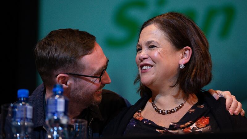 Top table: Mary Lou McDonald and Eoin Ó Broin at the Sinn Féin rally at Liberty Hall. Photograph: Tom Honan