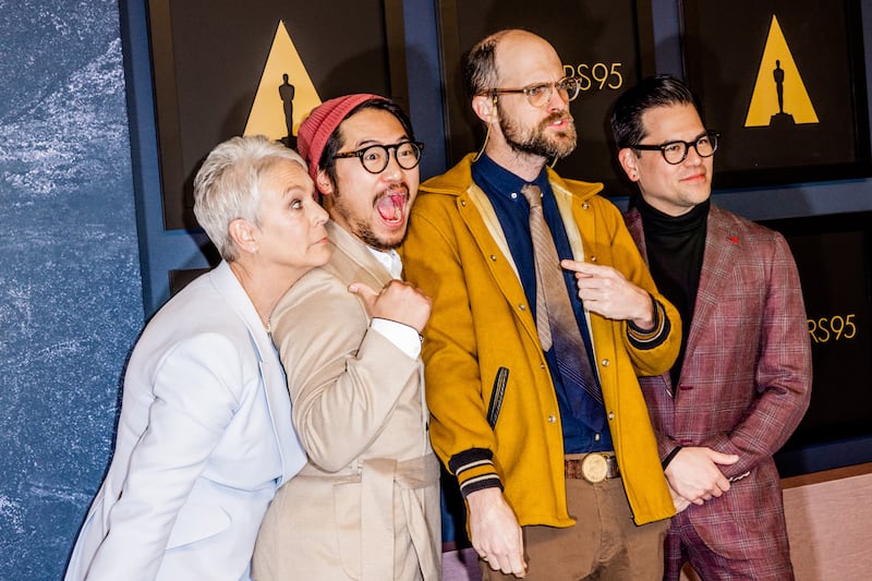 Nominees from Everything Everywhere All at Once included, Jamie Lee Curtis, directors Daniel Kwan and Daniel Scheinert and producer Jonathan Wang. Photograph: Roger Kisby/The New York Times