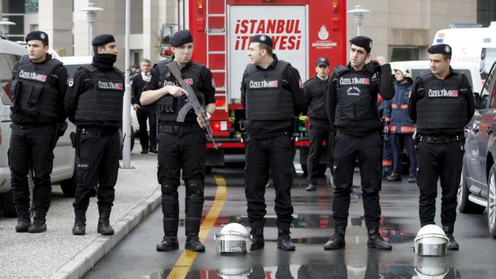 Turkish riot police stand guard in front of the Justice Palace in Istanbul on March 31st, 2015, after a far-left Turkish group took an Istanbul prosecutor hostage on Tuesday and threatened to kill him. Photograph: Osman Orsal/Reuters