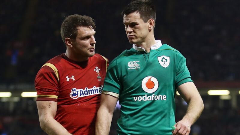 Wales outhalf Dan Biggar  speaks to his Ireland counterpart Johnny Sexton after their Six Nations match in March 2017 in Cardiff, Wales. Photograph: Julian Finney/Getty Images