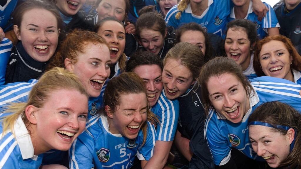 Dublin players celebrate winning the Division 3 Camogie League final after coming back in the second half to beat Roscommon. Photograph: Tom Beary/Inpho