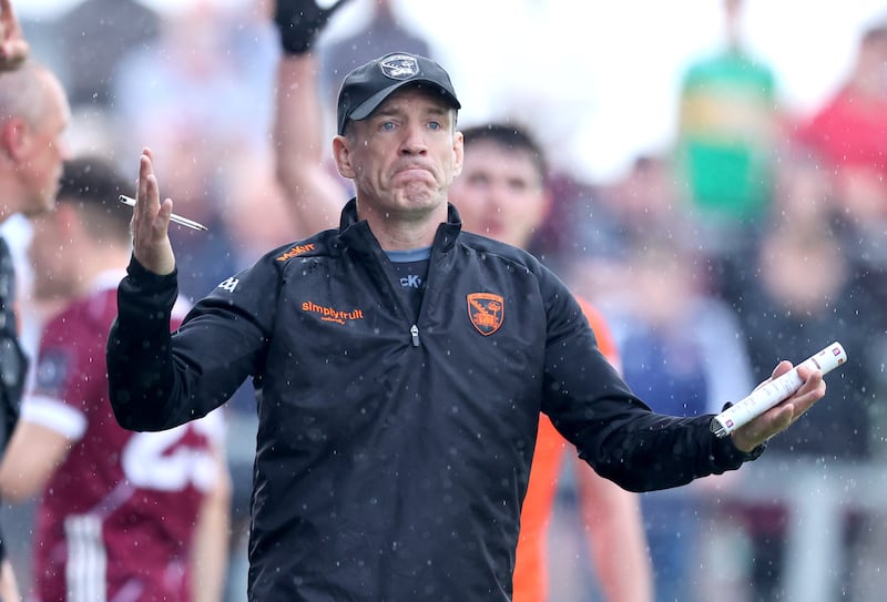 Armagh manager Kieran McGeeney reacts during his side's meeting with Galway at Pairc Seán MacDiarmada. Photograph: Tom Maher/Inpho
