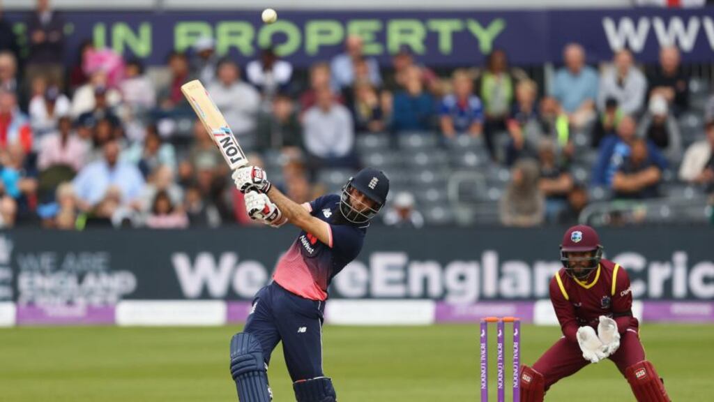 Moeen Ali of England hits out off the bowling of Ashley Nurse as wicketkeeper Shai Hope of West Indies looks on during the third Royal London One Day International match between England and West Indies at The Brightside Ground in Bristol. Photograph: Michael Steele/Getty Images