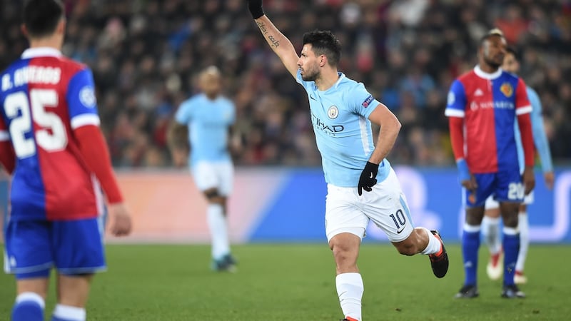 Sergio Aguero scored Man City’s third against Basel. Photograph: Sebastien Bozon/EFP