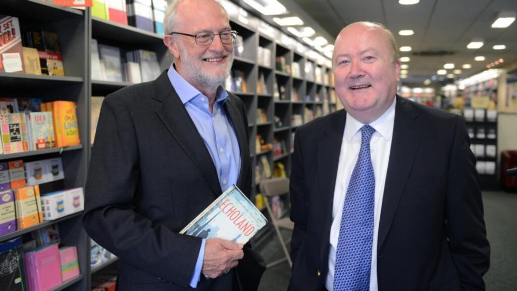 Author Joe Joyce (left) whose book Echoland , was launched by Conor Brady, in Dublin. Photograph: Eric Luke