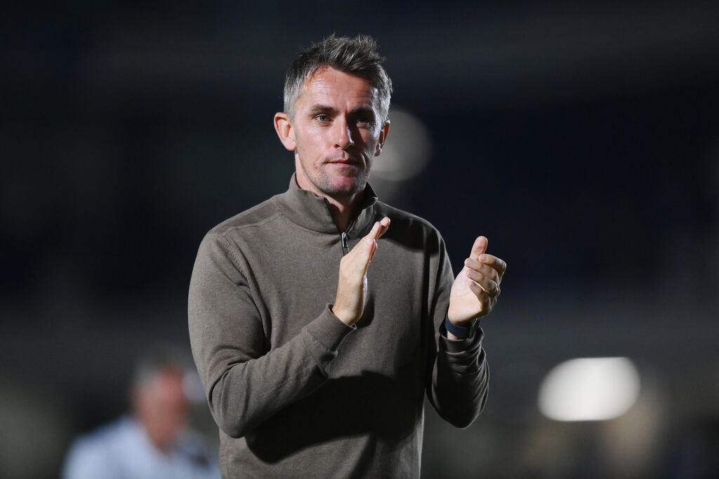 WIMBLEDON, ENGLAND - AUGUST 28: Kieran McKenna, Manager of Ipswich Town, applauds the fans after his team's defeat in the Carabao Cup Second Round match between AFC Wimbledon and Ipswich Town at The Cherry Red Records Stadium on August 28, 2024 in Wimbledon, England. (Photo by Justin Setterfield/Getty Images)