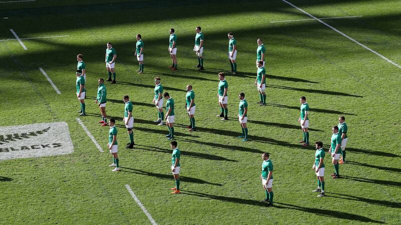 Ireland players line out in a figure of eight to play tribute to Anthony Foley as they face the Haka ahead of the Test match against New Zealand at Soldier Field in Chicago last November. Photograph: Billy Stickland/Inpho