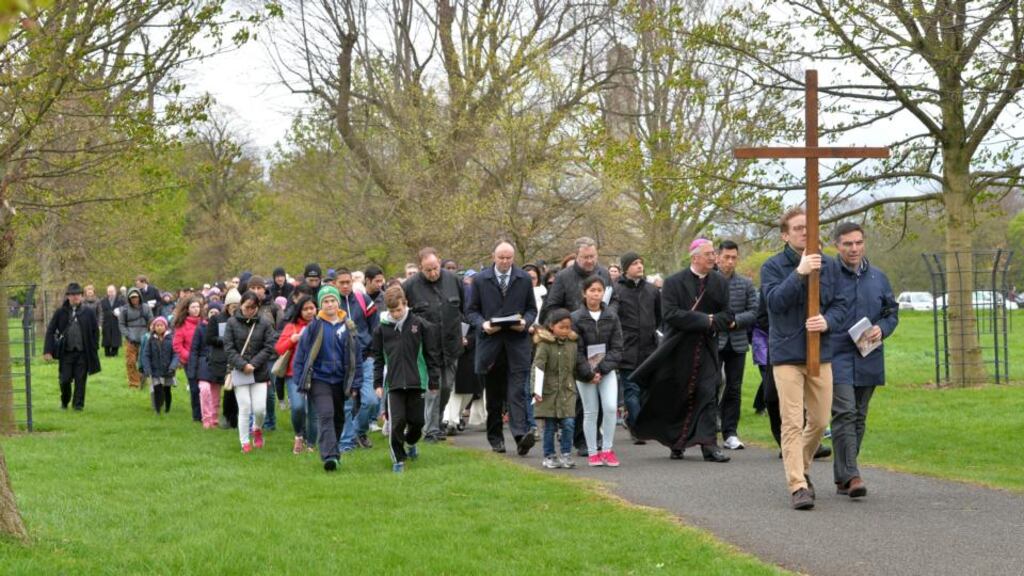 The Way of the Cross procession from the Wellington Monument to the Papal Cross is led by Archbishop Diarmuid Martin on Good Friday. Photograph: Alan Betson
