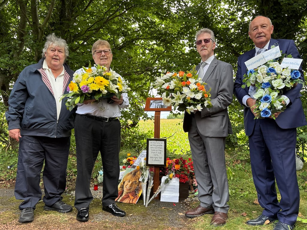 Surviving Miami Showband members (left to right) Ray Miller, Des Lee, Stephen Travers and former road manager Brian Maguire on the 50th anniversary of the attack. Photograph: Rebecca Black/PA