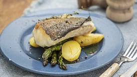 Hake with asparagus, new potatoes and lemon