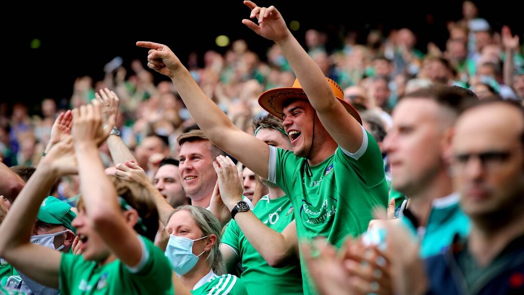 Limerick supporters celebrate during the Hurling All-Ireland Final at Croke Park last weekend. Photograph: Ryan Byrne/Inpho