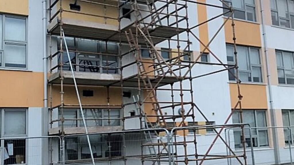 Scaffolding at Tyrrelstown Educate Together school in Dublin, which was closed due to concerns over “significant structural issues”. Photograph: Cate McCurry/PA