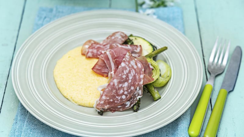 Roasted summer greens, creamy polenta and charcuterie