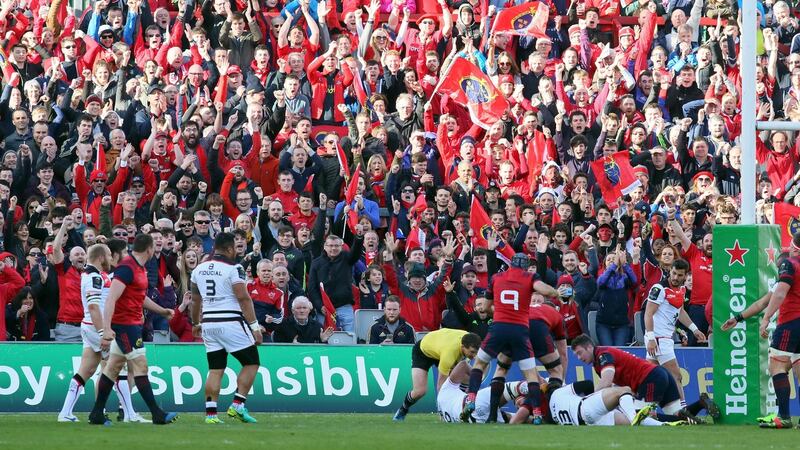 Munster fans celebrate their team’s first try during Saturday’s European Champions Cup quarter-final match between Munster and Toulouse at Thomond Park, Limerick. Photograph: Paul Faith/AFP/Getty Images