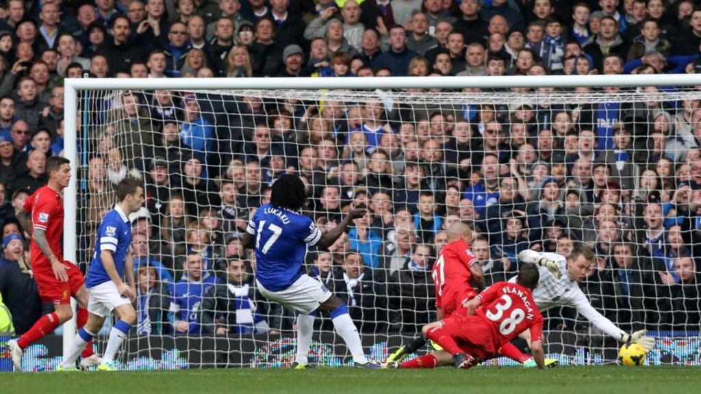 Everton’s Romelu Lukaku scores his side’s second goal at Goodison Park. Photograph: Peter Byrne/PA Wire.