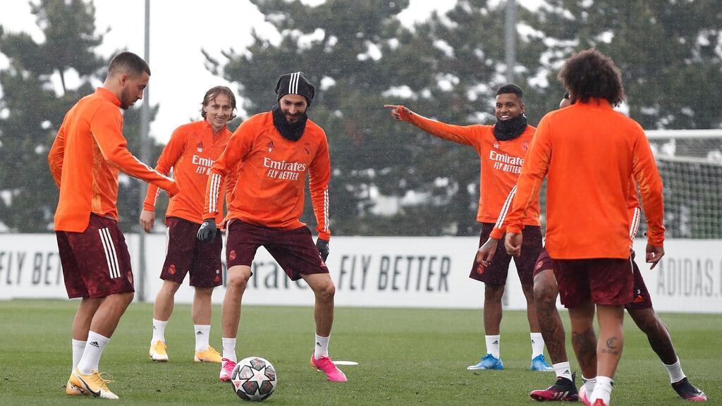 Real Madrid’s Eden Hazard, Rodrygo, Luka Modric and Karim Benzema during training ahead of the Champions League semi-final first leg against Chelsea. Photo: EPA