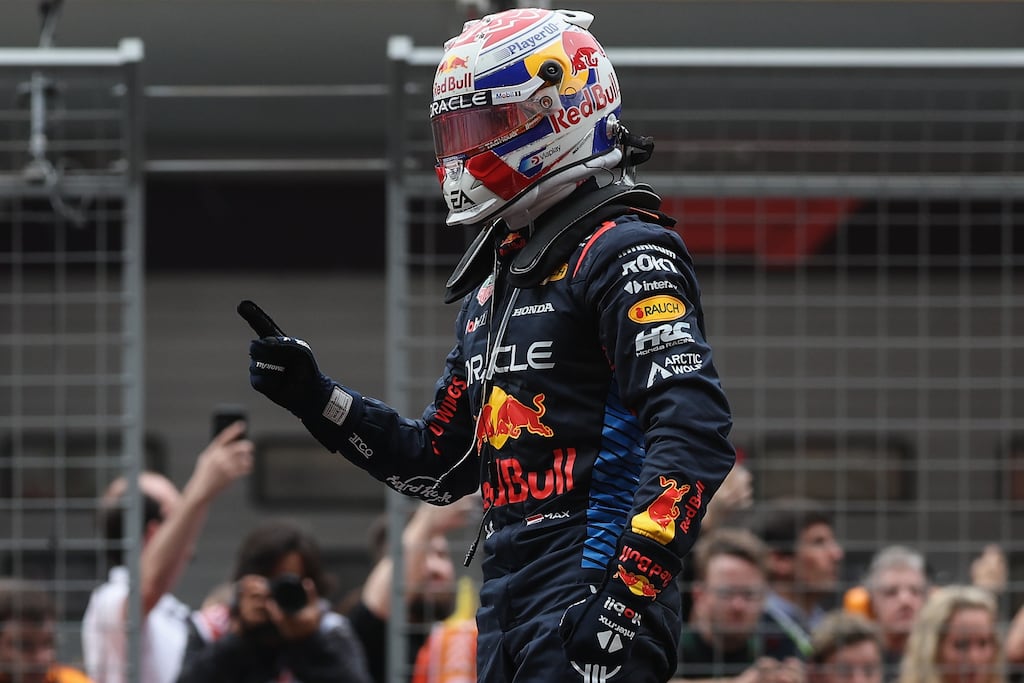 Red Bull's Max Verstappen celebrates winning the Chinese Grand Prix. Photograph: Lintao Zhang/Getty Images