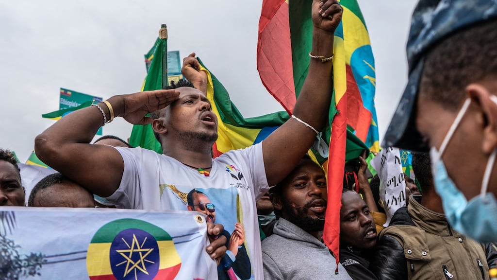 Participants in a rally against the Tigray People’s Liberation Front (TPLF) in Addis Ababa, Ethiopia, attended by tens of thousands, on Thursday. Photograph: Amanuel Sileshi/AFP via Getty Images