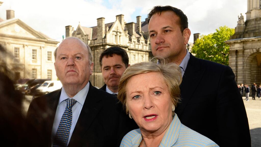Fine Gael party members Frances Fitzgerald, Leo Varadkar, Michael Noonan and Paschal Donohoe in Trinity College Dublin. Photograph: Cyril Byrne/The Irish Times
