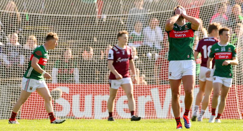 Aidan O'Shea reacts to a missed chance during the Connacht final defeat to Galway in Castlebar. Photograph: James Crombie/Inpho