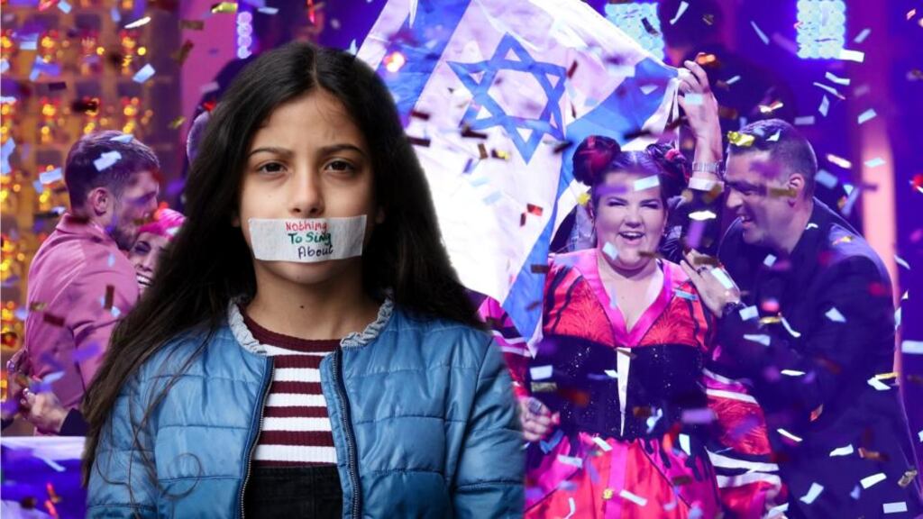 Nothing to sing about?: 10-year-old Mona Abdulmagid (foreground of montage) takes part in the the Ireland Palestine Alliance’s boycott-Eurovision campaign. Last year’s winner was the Israeli singer Netta Barzilai (background)